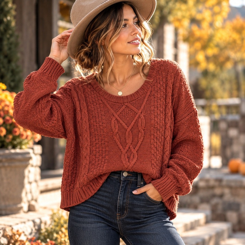 Mudd Womens Large Rust Orange Cable Knit Scoop Neck Relaxed Pullover Sweater